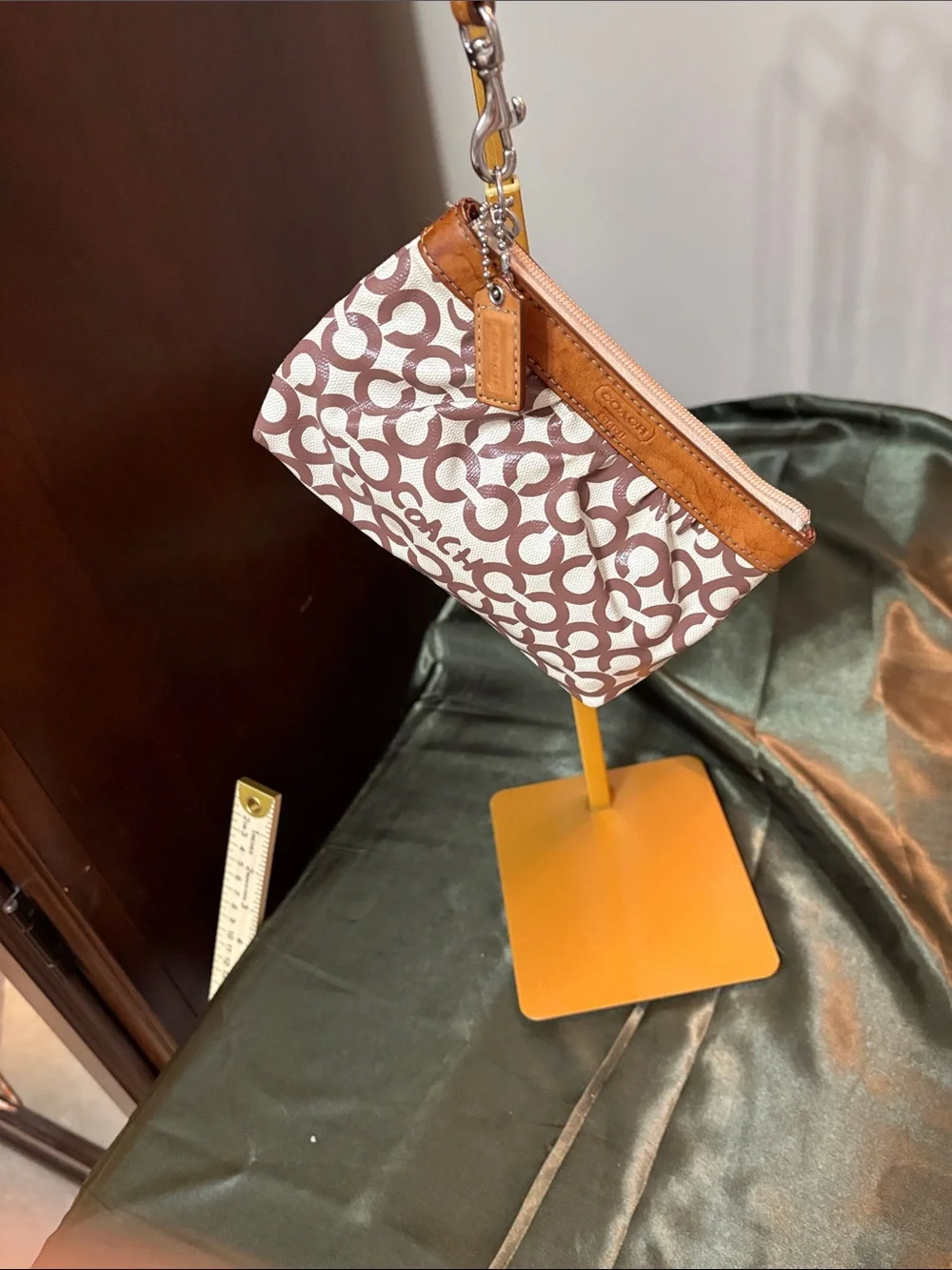 Coach Vintage Signature Brown Leah Op Art wristlet coated canvas leather trim